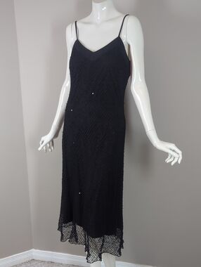Vintage 90s Black Beaded Slip Dress - Elegant V-Neck Midi Fishnet Sequin L